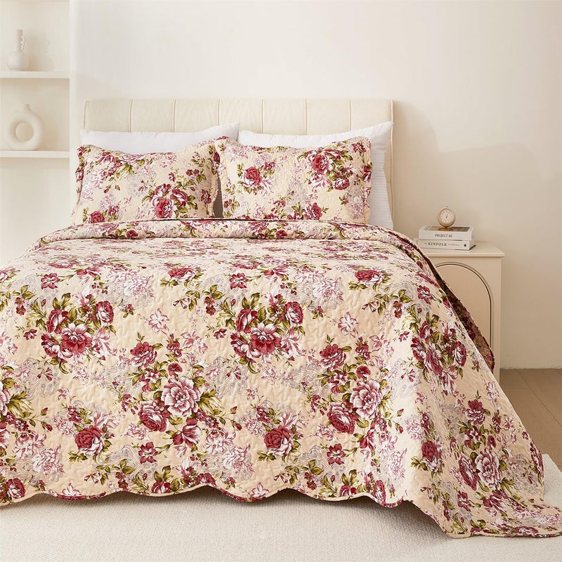 Cmfshape Summer Floral King Quilted Bedspread Romantic Red Quilt Set Reversible Stitched Bedding Cover All Season Soft Lightweight Coverlet with Pillow Cases (Red Rose  King(102""x90"")) - Image 2